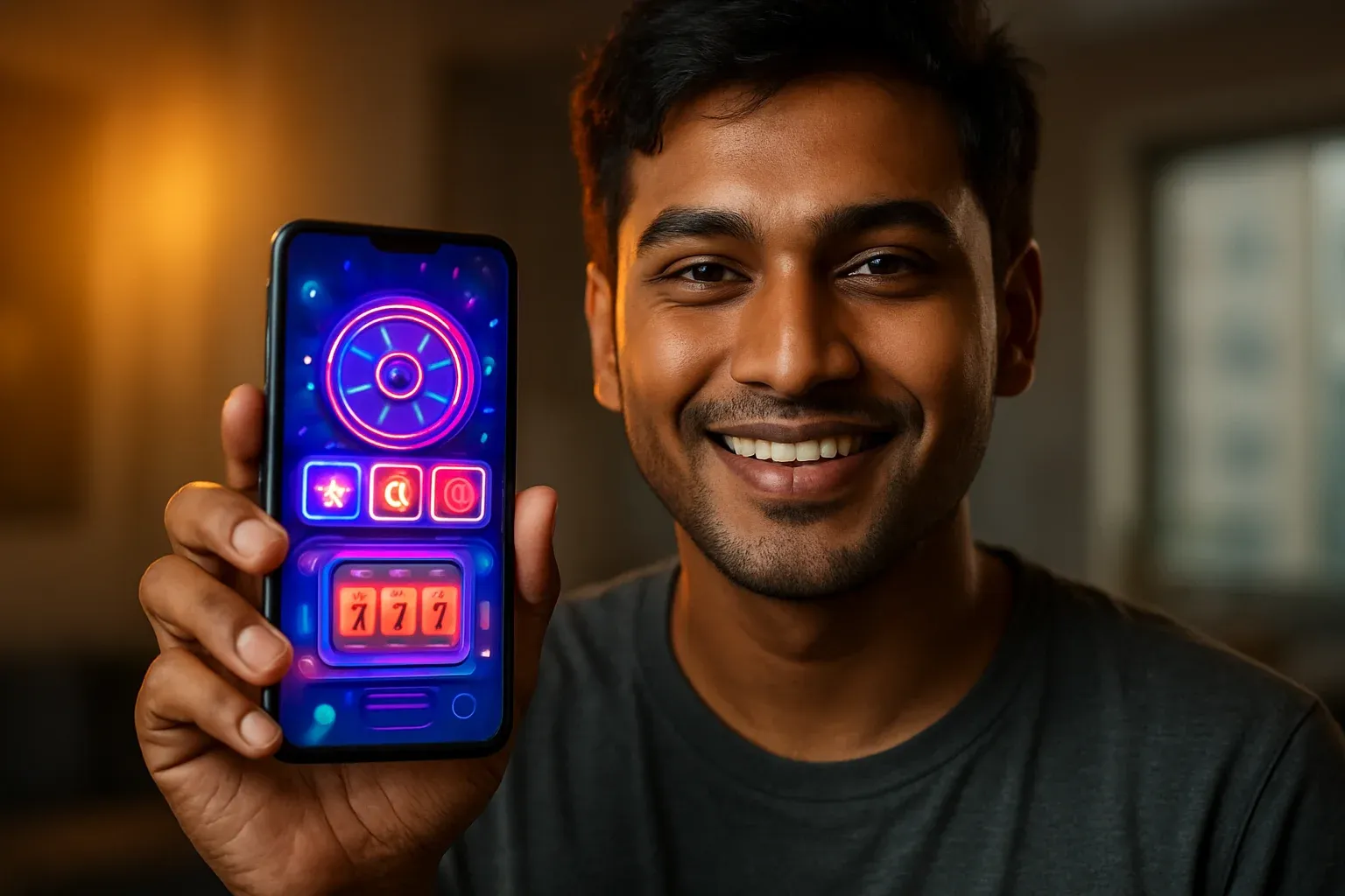 Young Bangladeshi man holding smartphone with glowing casino app interface