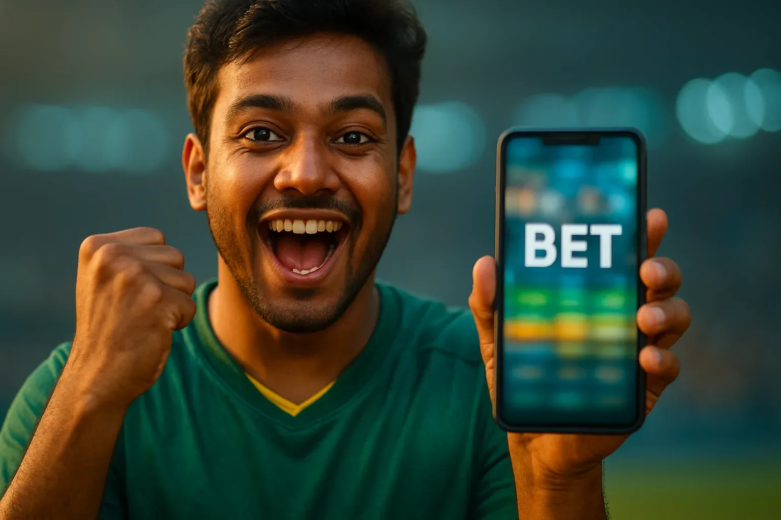 Excited young Bangladesh man cheering with smartphone showing sports bet screen