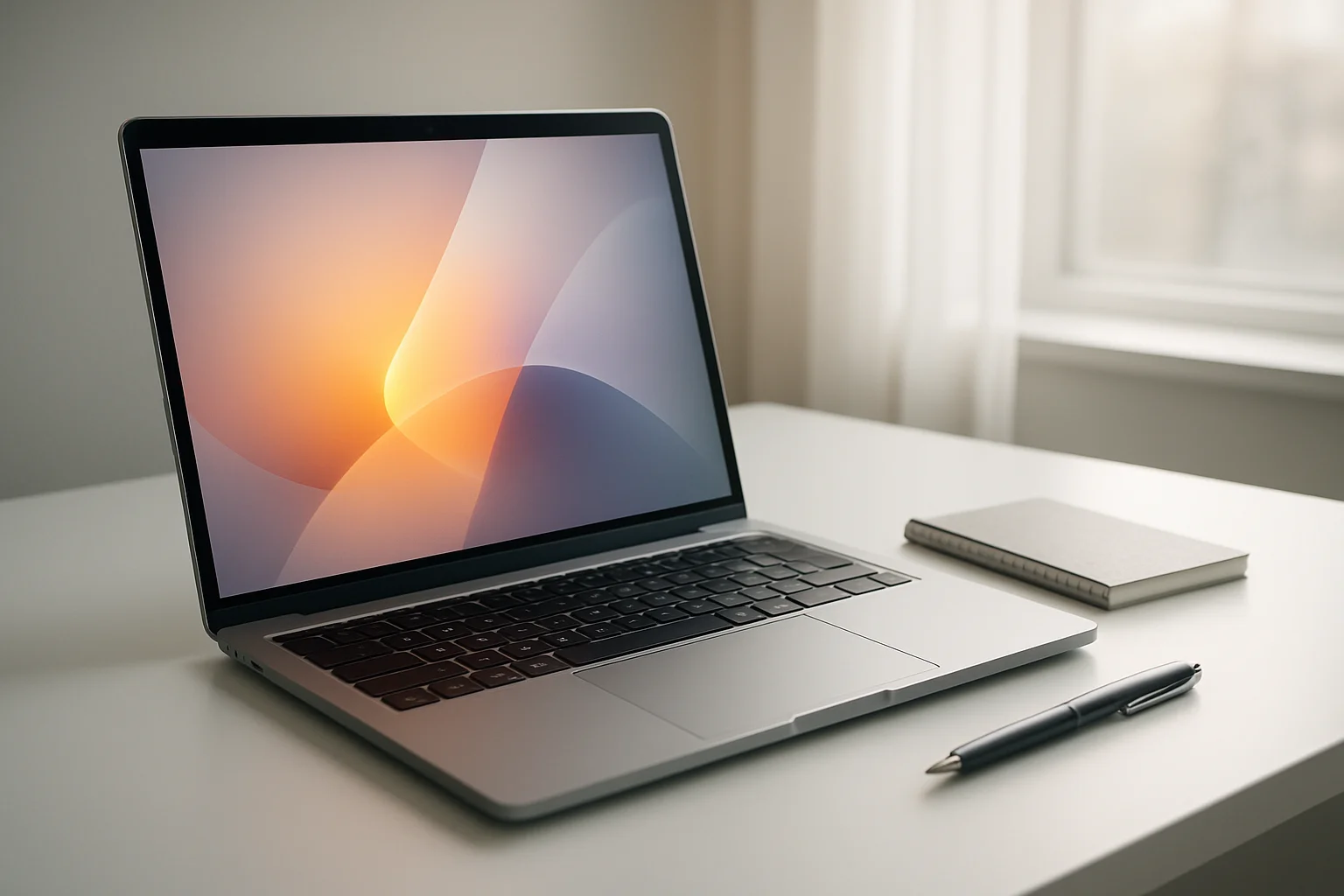 Modern laptop on white desk with abstract glowing screen