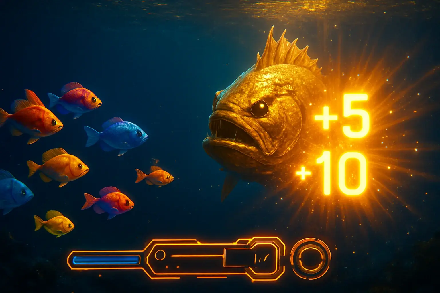 Hyperrealistic underwater arcade scene with glowing tropical fish and golden boss fish