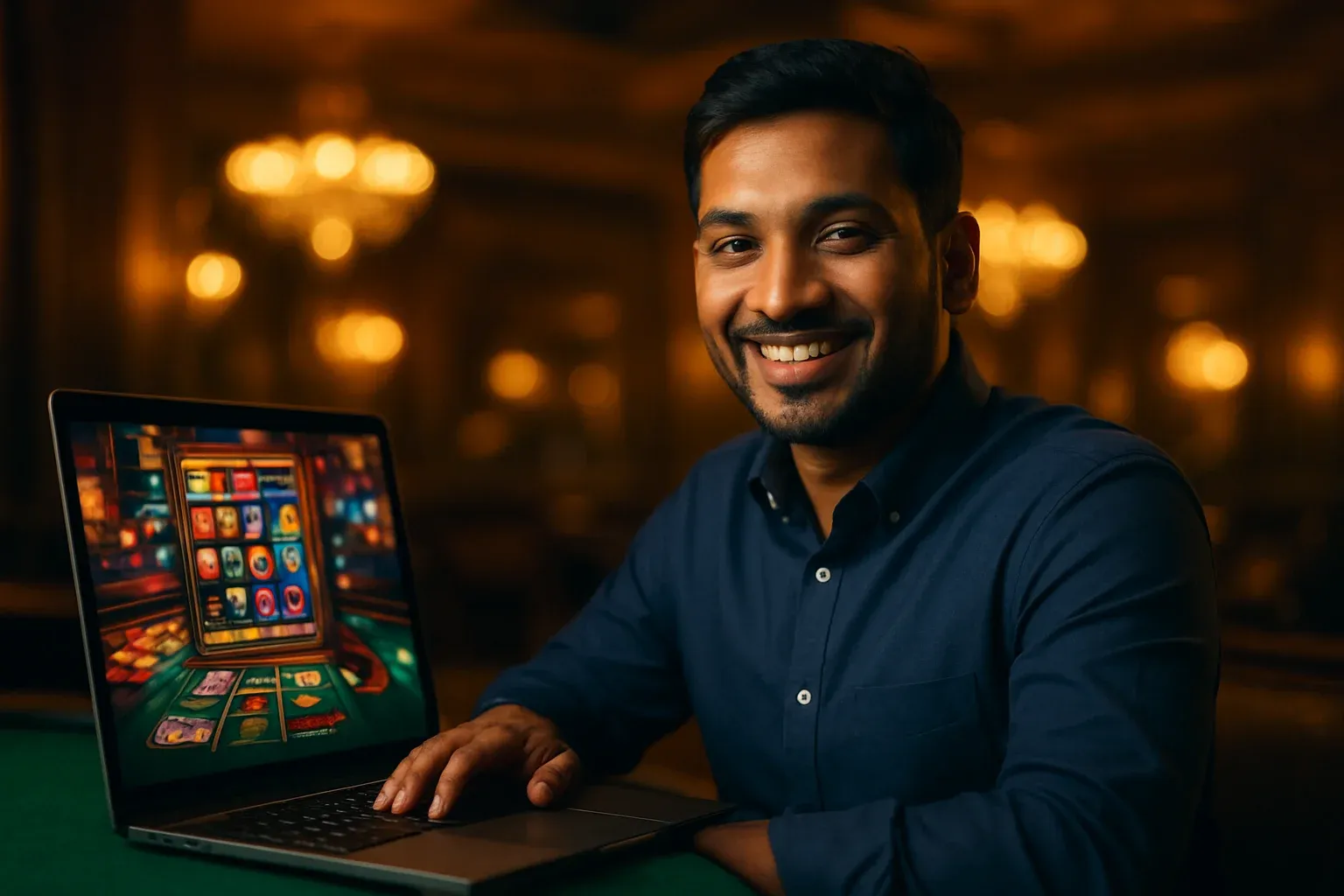 Cheerful Bangladeshi man with open laptop at premium casino lounge