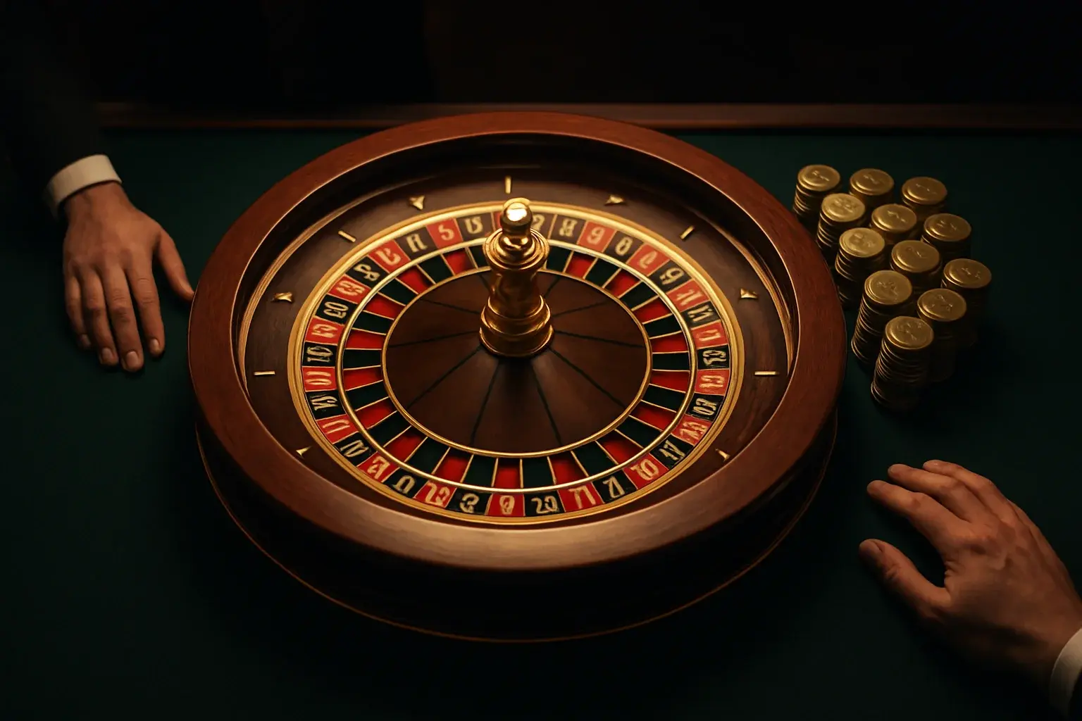 Elegant live casino roulette table with dealer hands and golden chips