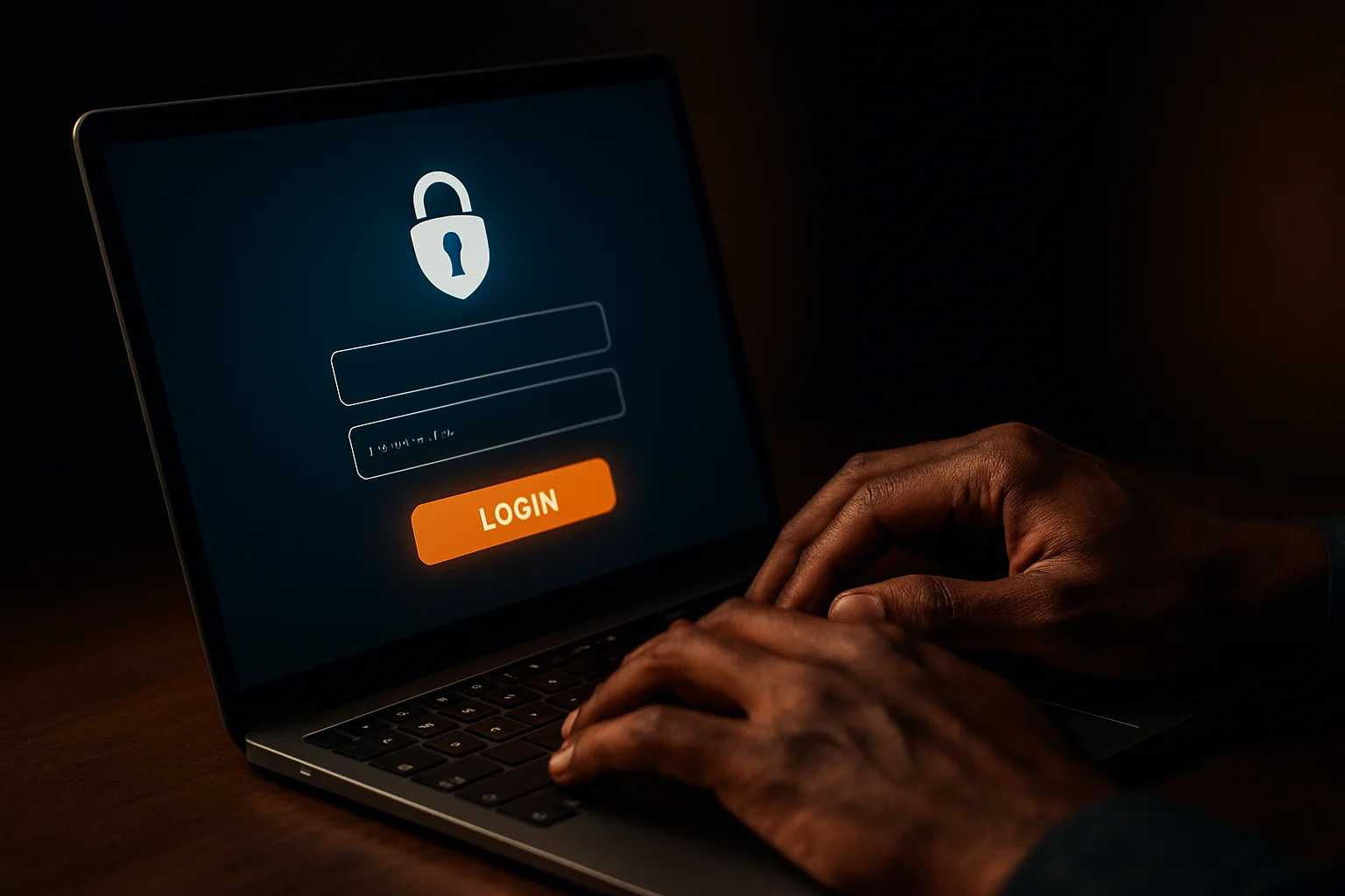 Bangladeshi man's hands on laptop showing stylized login form screen
