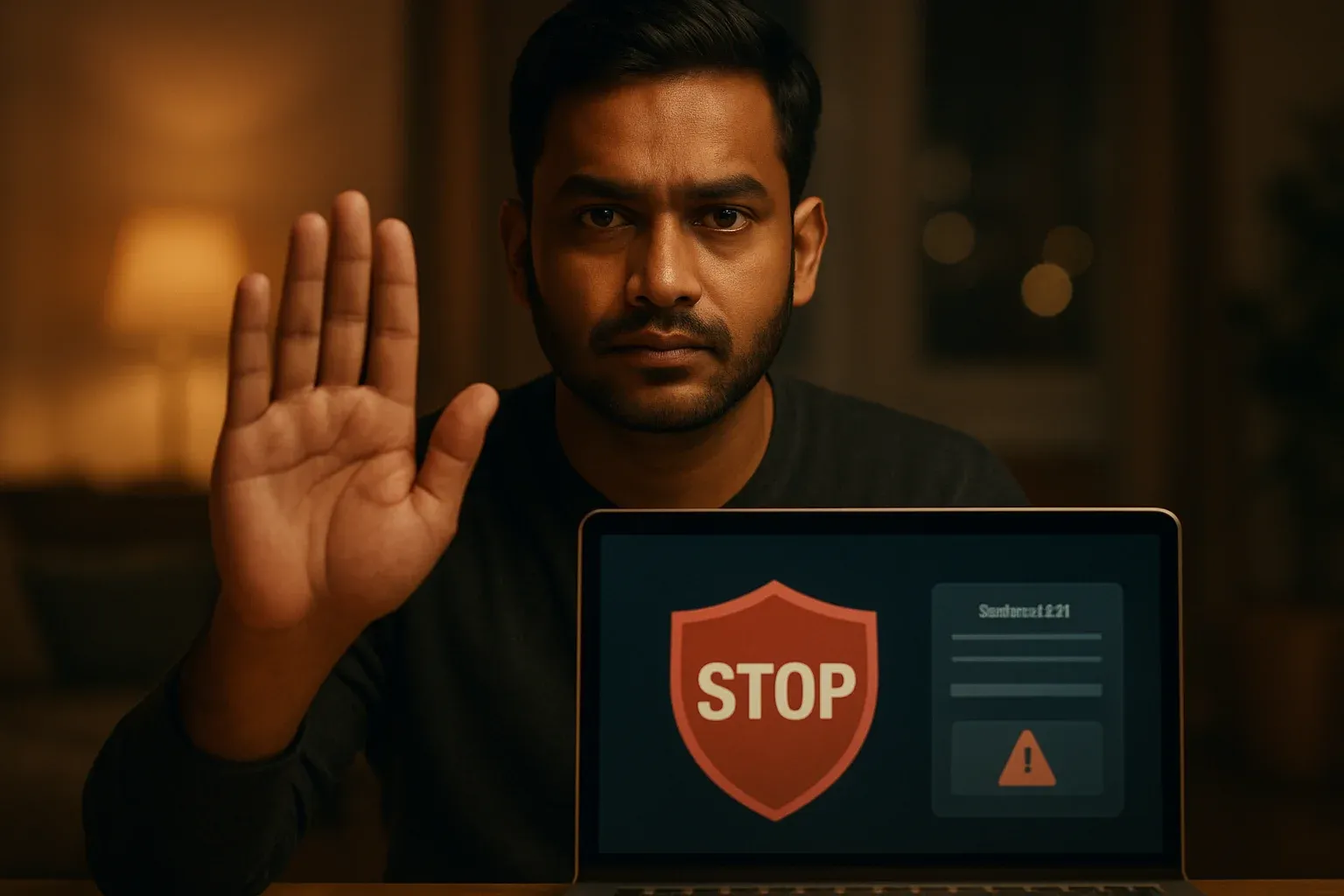 Bangladeshi man showing stop gesture beside laptop with responsible gambling controls