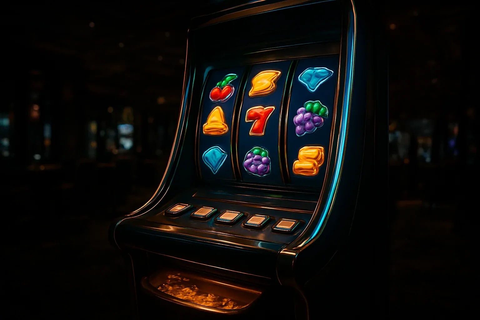 Hyperrealistic premium slot machine with glowing reels in luxury casino