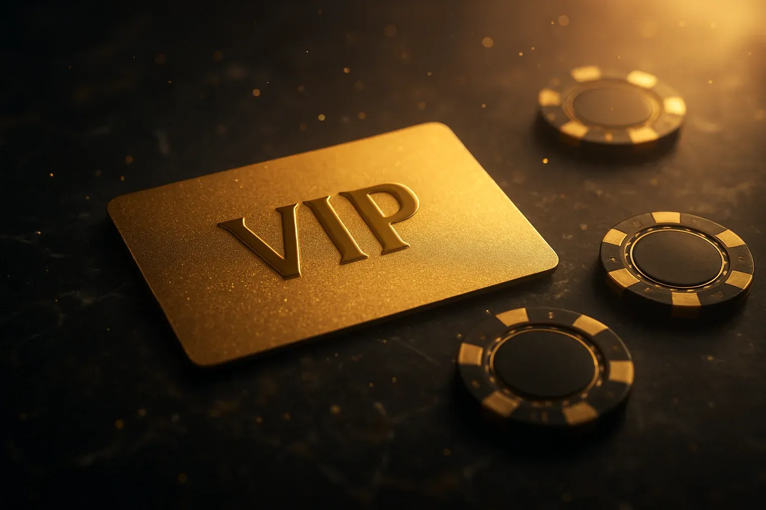 Glowing golden VIP card on dark marble with casino chips